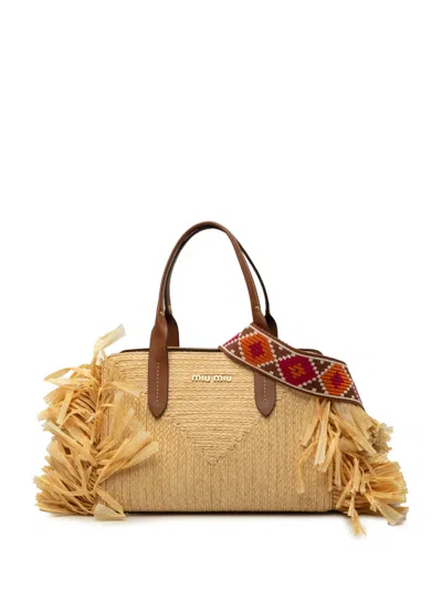 Pre-owned Miu Miu 2010-2026 Raffia Straw Fringe Satchel In Neutrals