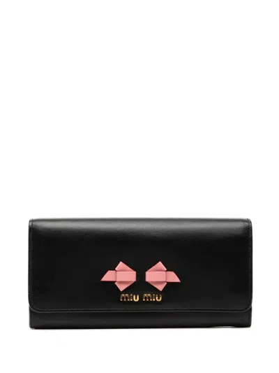 Pre-owned Miu Miu 2010-2026 Soft Calf Bow Bifold Wallet Long Wallets In Black