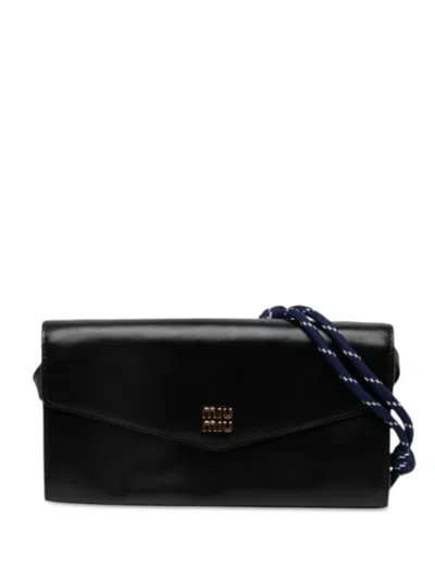 Pre-owned Miu Miu 2010-2026 Soft Calf Logo Wallet On Strap Shoulder Bag In Black