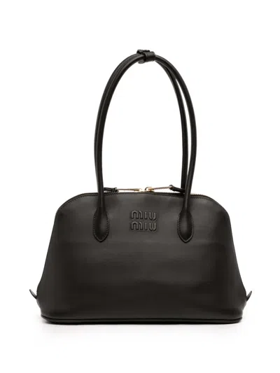 Pre-owned Miu Miu 2010-2026 Softy Calfskin Embossed Logo Shoulder Bag In Black