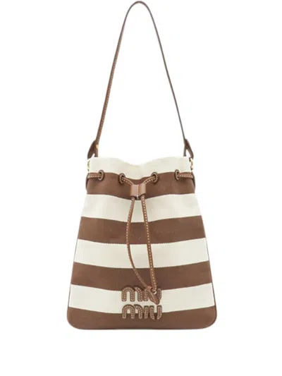 Pre-owned Miu Miu 2010-2026 Striped Canvas Logo Drawstring Handbag In Brown