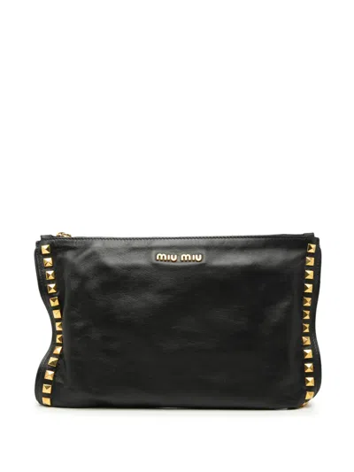 Pre-owned Miu Miu 2010-2026 Studded Leather Zip Clutch Bag In Black