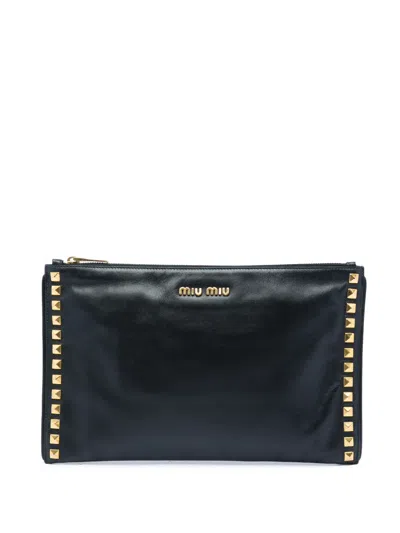 Pre-owned Miu Miu 2010-2026 Studded Leather Zip Clutch Bag In Black