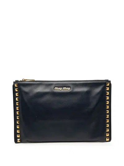 Pre-owned Miu Miu 2010-2026 Studded Leather Zip Clutch Bag In Blue