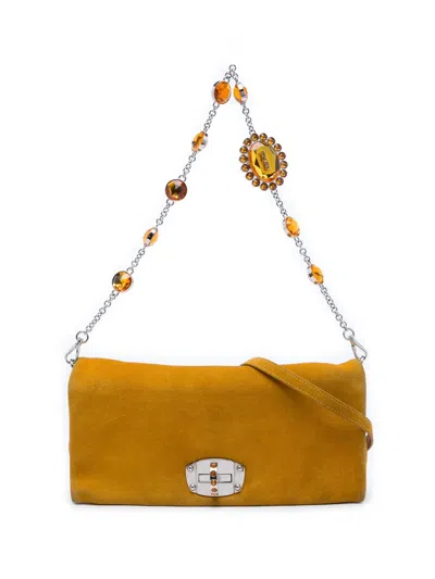 Pre-owned Miu Miu 2010-2026 Suede Crystal Chain Satchel In Yellow