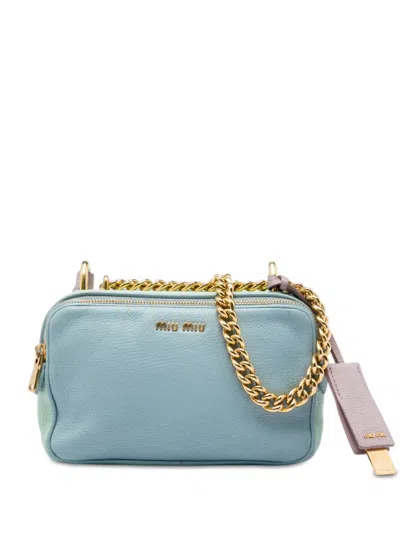 Pre-owned Miu Miu 2010-2026 Tricolor Goatskin Madras Double Zip Camera Bag Crossbody Bag In Blue