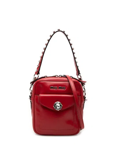 Pre-owned Miu Miu 2010-2026 Vitello Soft Crystal Embellished Solitaire Camera Bag Satchel In Red