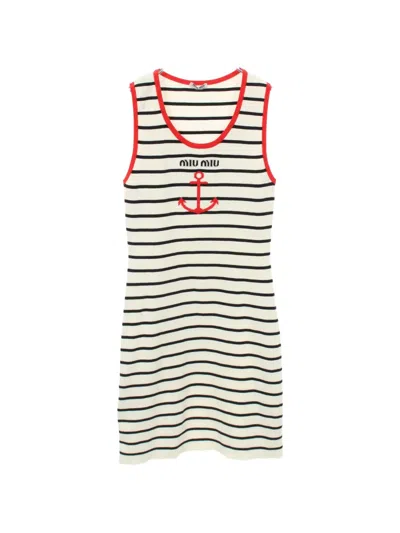 Pre-owned Miu Miu 2010s Anchor-intarsia Striped-pattern Mini Dress In White