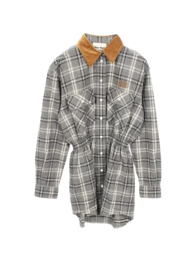 Pre-owned Miu Miu 2010s Check-pattern Mini Shirt Dress In Grey
