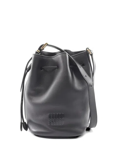 Pre-owned Miu Miu 2010s Embossed-logo Leather Bucket Bag In Black