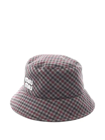 Pre-owned Miu Miu 2010s Embroidery Checked Bucket Hat In Gray