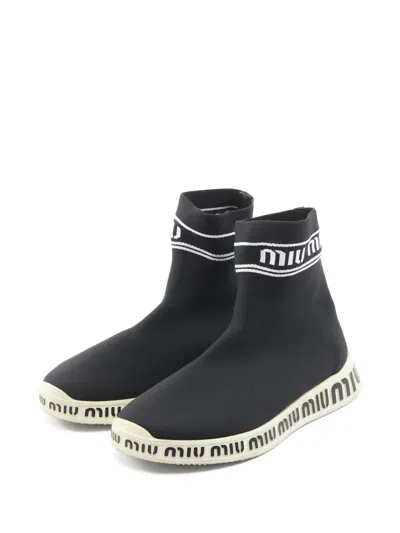 Pre-owned Miu Miu 2010s Knit-socks Logo Sneakers In Black