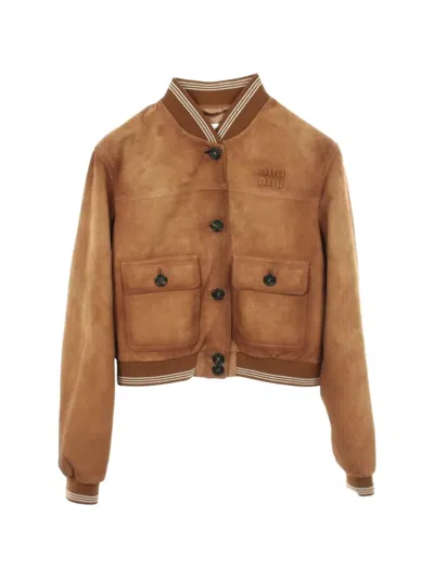 Pre-owned Miu Miu 2010s Leather Bomber Jacket In Brown