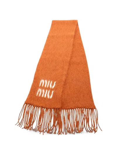 Pre-owned Miu Miu 2010s Logo Fringe Scarf In Orange