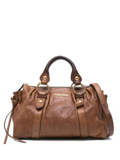 Pre-owned Miu Miu 2010s Logo-lettering Leather Two-way Handbag In Brown