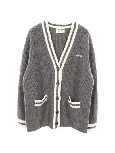 Pre-owned Miu Miu 2010s Logo Rib-knit Cardigan In Grey