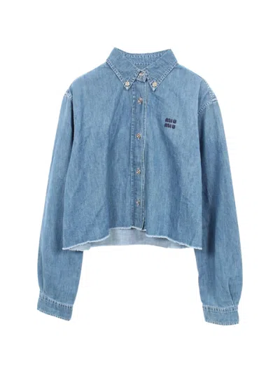 Pre-owned Miu Miu 2010s Logo-embroidered Cropped Denim Shirt In Blue