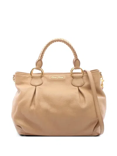 Pre-owned Miu Miu 2010s Logo-lettering Leather Tote Bag In Neutral