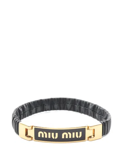 Pre-owned Miu Miu 2010s Logo-plaque Leather Bracelet In Gold