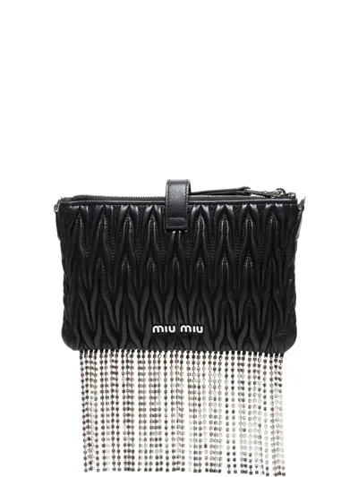 Pre-owned Miu Miu 2010s Matelassé Crystal-fringe Shoulder Bag In Black