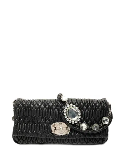 Pre-owned Miu Miu 2010s Matelasse Crystal Shoulder Bag In Black