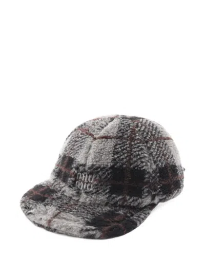 Pre-owned Miu Miu 2010s Plaid Logo-embroidered Cap In Grey