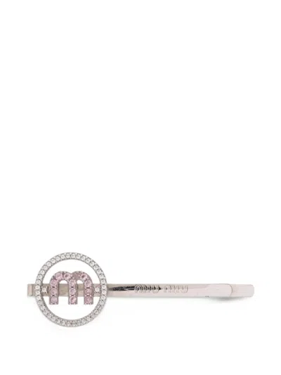 Pre-owned Miu Miu 2010s Rhinestone Logo Hair Clip In Silver