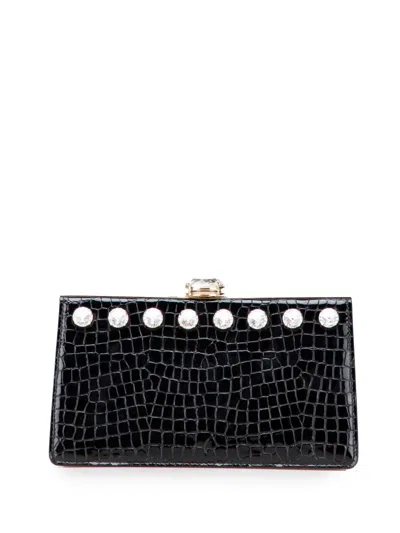 Pre-owned Miu Miu 2013-2025 Croc Embossed Leather Crystal Embellished Solitaire Clutch Bag In Black