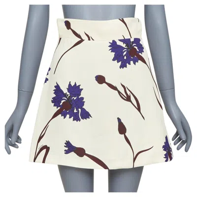 Pre-owned Miu Miu 2014 Cream Purple Floral High Waisted Aline Skirt It38 Xs In White