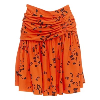 Pre-owned Miu Miu 2014 Orange Black Viscose Musical Notes Melody Gathered Skirt It40 M