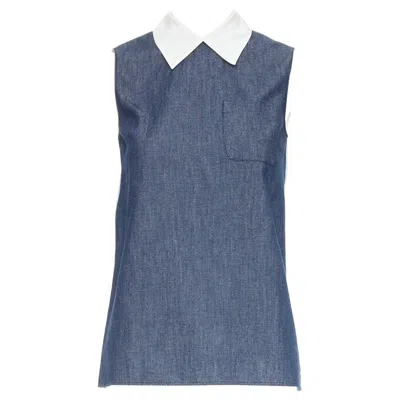Pre-owned Miu Miu 2015 Blue Denim Patchwork White Collar Pocket Tunic Shirt Top It38 Xs