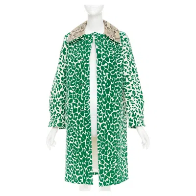 Pre-owned Miu Miu 2015 Green Wool Python Leather Collar Virgin Wool Print Coat It38 Xs