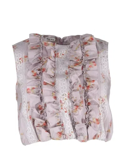 Pre-owned Miu Miu 2015 Printed Ruffled Blouse In Pink