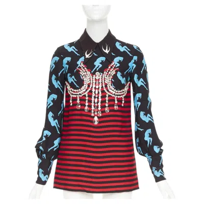 Pre-owned Miu Miu 2016 Runway Print Chandelier Crystal Embellished Blouse Top It36 Xxs In Black