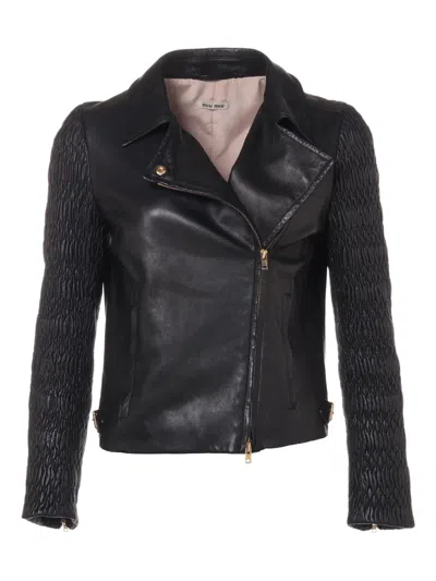 Pre-owned Miu Miu 2017 Matelassé-sleeve Leather Jacket In Black