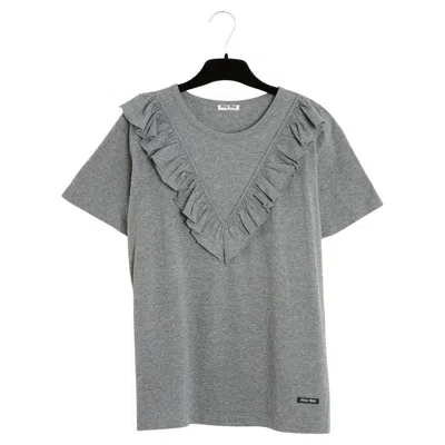 Pre-owned Miu Miu 2017 Top Gris Fr38 Grey Jersey Ruffles T Shirt Top Uk10 Us8 New In Gray