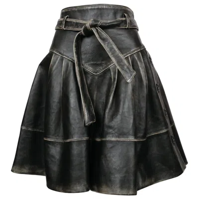 Pre-owned Miu Miu 2018 Distressed Black Leather Runway Skirt With Belt