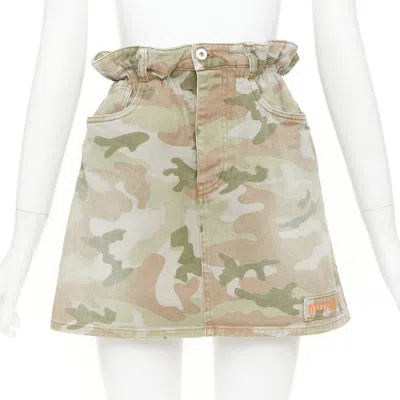 Pre-owned Miu Miu 2019 Khaki Green Washed Camo Orange Logo Paperbag Waist Skirt It38 Xs