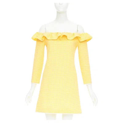 Pre-owned Miu Miu 2019 Yellow White Gingham Check Ruffle Off Shoulder Mini Dress M