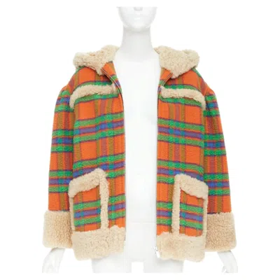 Pre-owned Miu Miu 2020 Plaid Casentino Shearling Orange Green Fur Trim Boxy Jacket It38 Xs