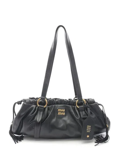 Pre-owned Miu Miu 2020s Fringe Leather One Shoulder Bag In Black