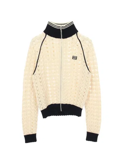 Pre-owned Miu Miu 2020s Lace Zip-up Cardigan In Neutral