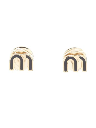 Pre-owned Miu Miu 2020s Logo-plaque Stud Earrings In Gold