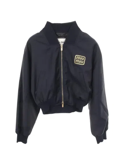Pre-owned Miu Miu 2020s Logo-embroidered Bomber Jacket In Blue