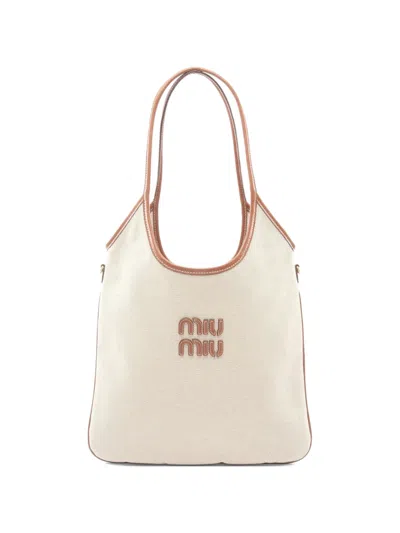 Pre-owned Miu Miu 2020s Logo-embroidered Tote Bag In Neutral