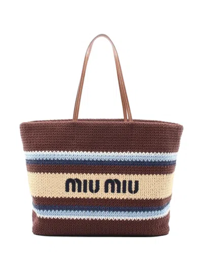 Pre-owned Miu Miu 2020s Raffia-effect Woven Tote Bag In Brown