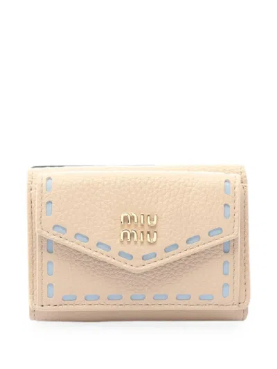 Pre-owned Miu Miu 2020s Vitello Phenix Trifold Wallet In Neutral