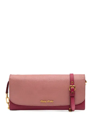 Pre-owned Miu Miu 2021-2025 Bicolor Goatskin Madras Wallet On Chain Crossbody Bag In Pink