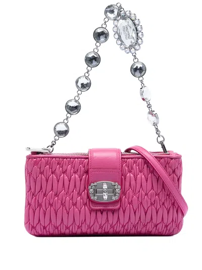 Pre-owned Miu Miu 2021-2025 Matelasse Nappa Crystal Chain Satchel In Pink
