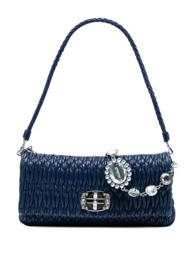 Pre-owned Miu Miu 2021-2025 Matelasse Nappa Crystal Chain Satchel In Blue
